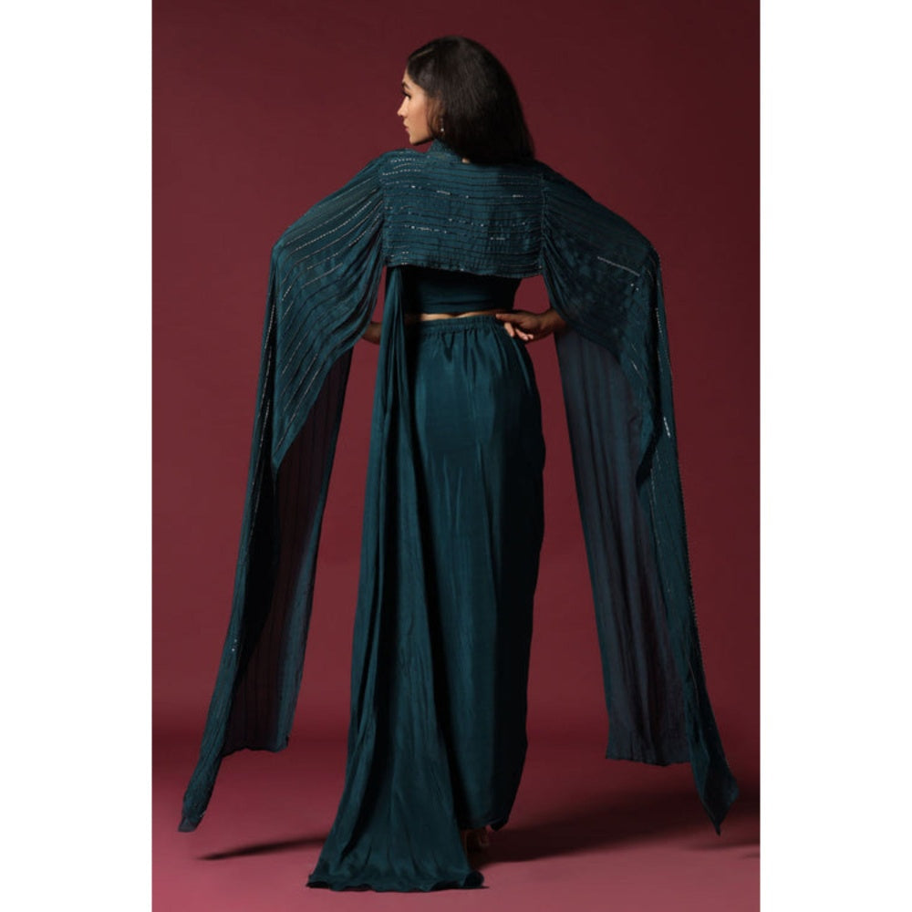"Two Sisters" by Gyans Teal Green Pre-Draped Saree with A Shoulder Cape