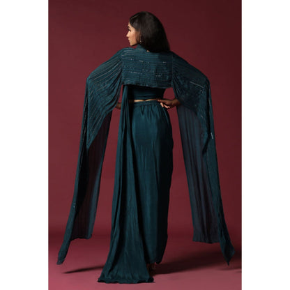 "Two Sisters" by Gyans Teal Green Pre-Draped Saree with A Shoulder Cape