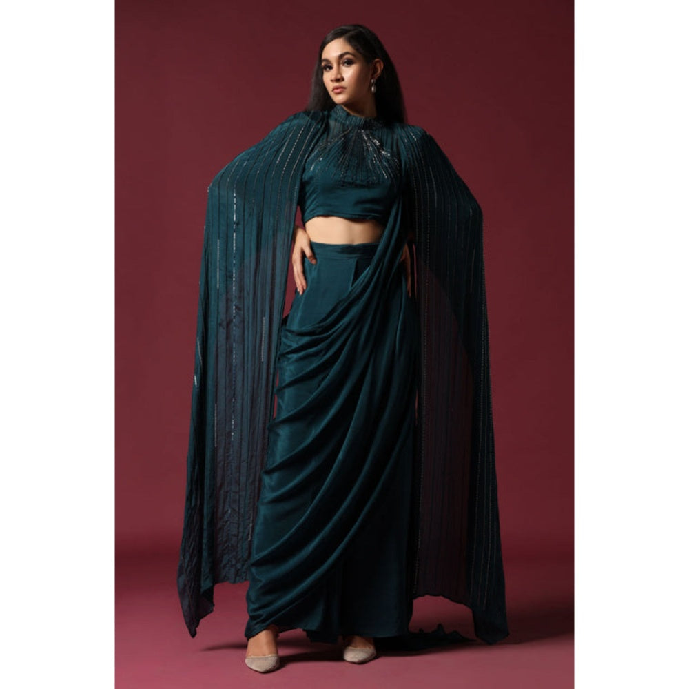 "Two Sisters" by Gyans Teal Green Pre-Draped Saree with A Shoulder Cape