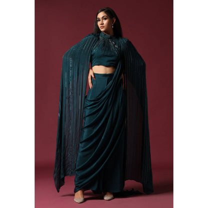 "Two Sisters" by Gyans Teal Green Pre-Draped Saree with A Shoulder Cape