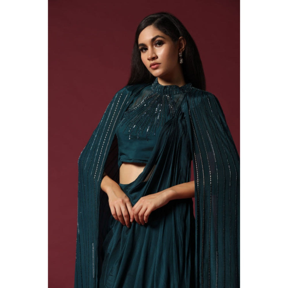 "Two Sisters" by Gyans Teal Green Pre-Draped Saree with A Shoulder Cape