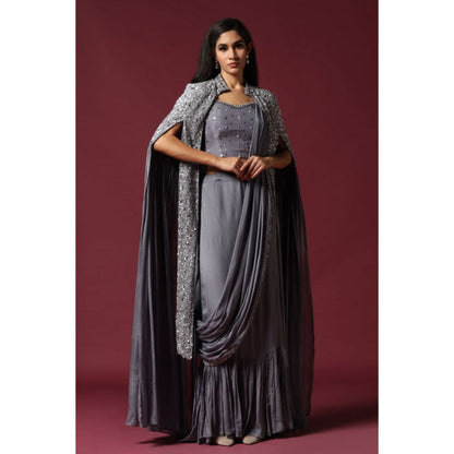 "Two Sisters" by Gyans Grey Cape Jacket and Draped Saree with Stitched Blouse