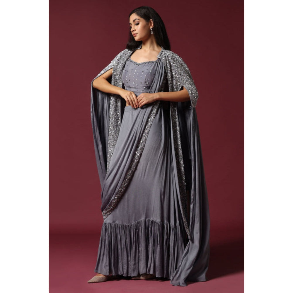 "Two Sisters" by Gyans Grey Cape Jacket and Draped Saree with Stitched Blouse