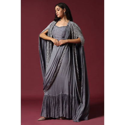 "Two Sisters" by Gyans Grey Cape Jacket and Draped Saree with Stitched Blouse