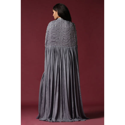 "Two Sisters" by Gyans Grey Cape Jacket and Draped Saree with Stitched Blouse