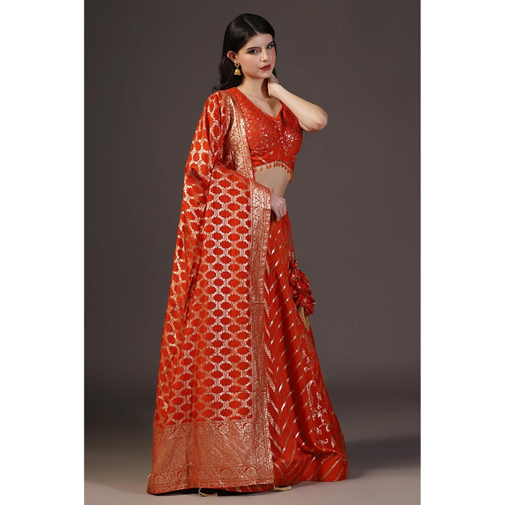 "Two Sisters" by Gyans Burnt Orange Sequins Embroidered Banarasi Silk Lehenga Sets 0F 3