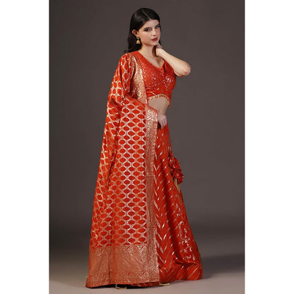 "Two Sisters" by Gyans Burnt Orange Sequins Embroidered Banarasi Silk Lehenga Sets 0F 3