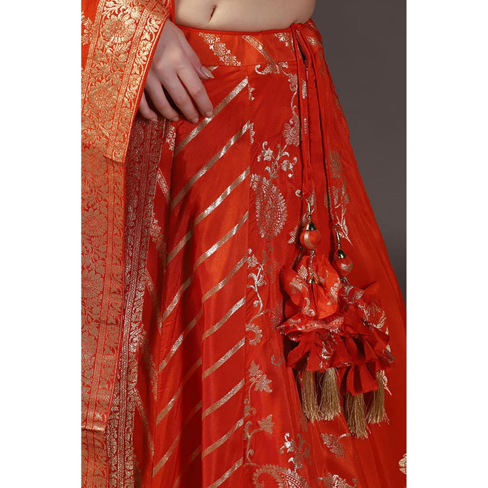 "Two Sisters" by Gyans Burnt Orange Sequins Embroidered Banarasi Silk Lehenga Sets 0F 3