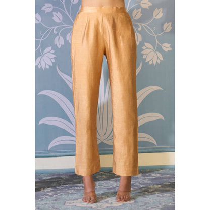 "Two Sisters" by Gyans Yellow Satin Embroidered Round Neck Kurta With Pant And Dupatta