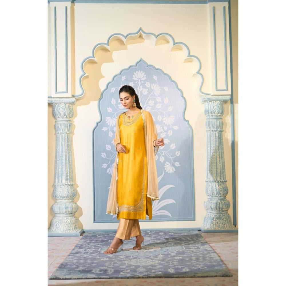 "Two Sisters" by Gyans Yellow Satin Embroidered Round Neck Kurta With Pant And Dupatta