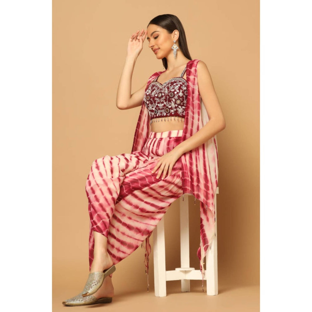"Two Sisters" by Gyans Women Maroon Georgette Tie & Dye Blouse with Dhoti and Cape