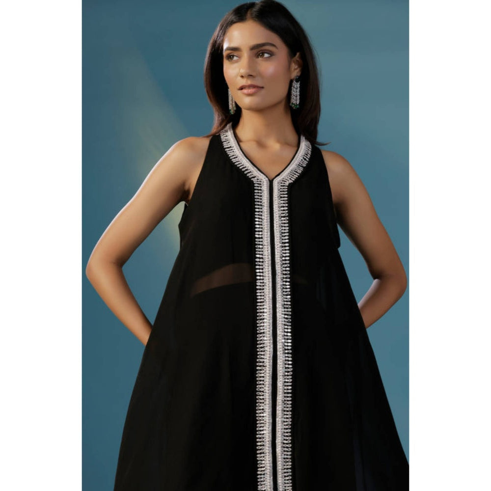 "Two Sisters" by Gyans Black Georgette Solid/Plain V-Neck Kurta And Palazzo
