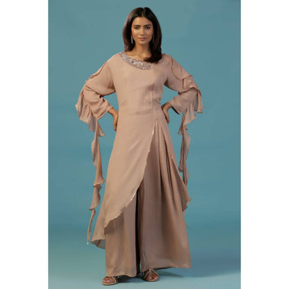 "Two Sisters" by Gyans Gold Chinon Kurta Set With Hand Embellished Neckline