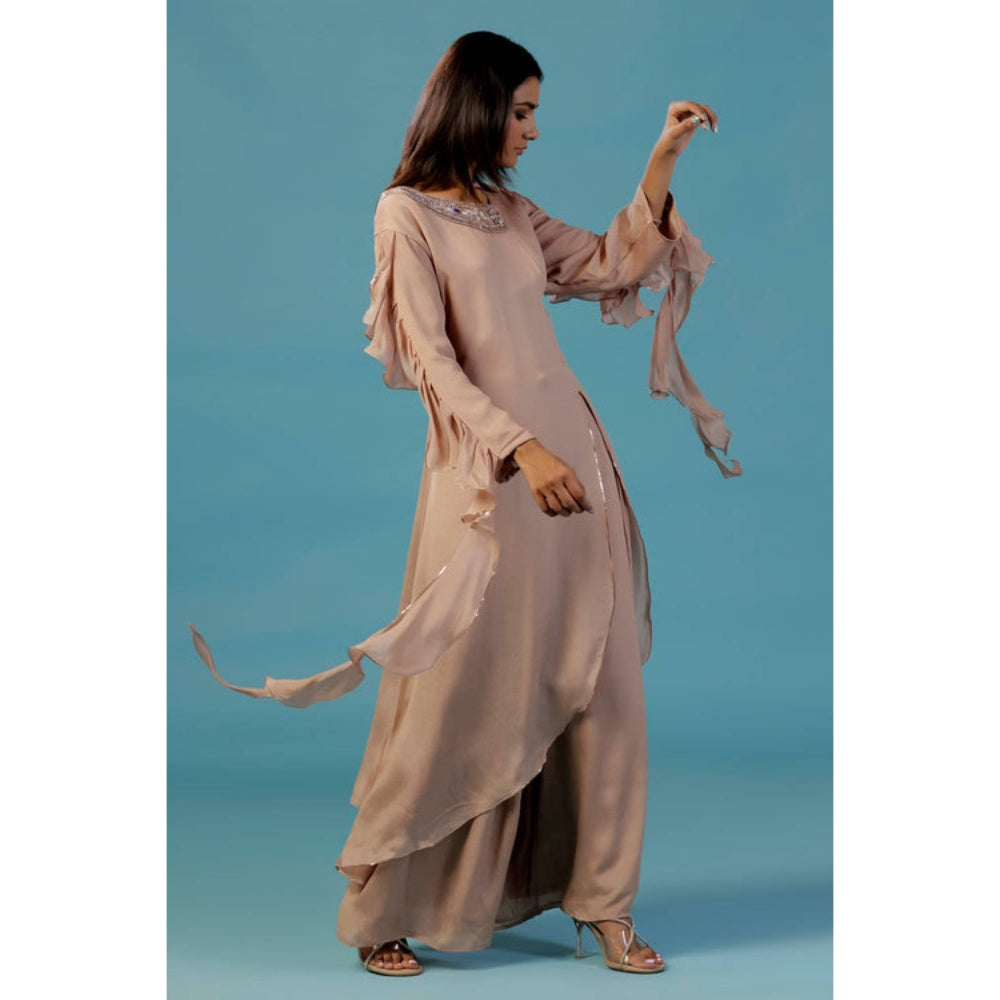 "Two Sisters" by Gyans Gold Chinon Kurta Set With Hand Embellished Neckline