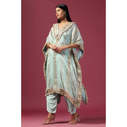 "Two Sisters" by Gyans Blue Organza Woven V-Neck Kaftan Kurta And Pant