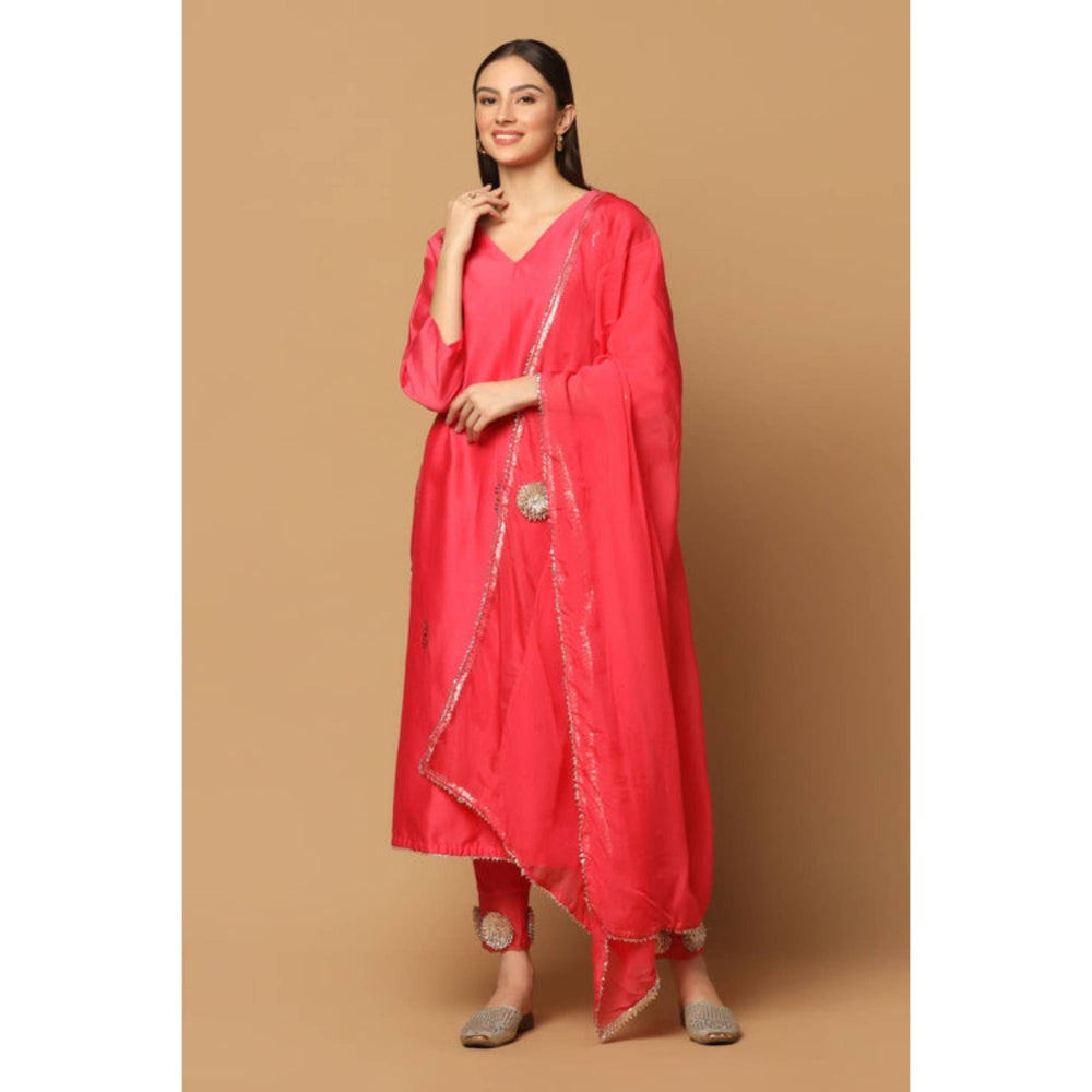 "Two Sisters" by Gyans Pink Silk Solid/Plain V-Neck Kurta With Pant And Dupatta