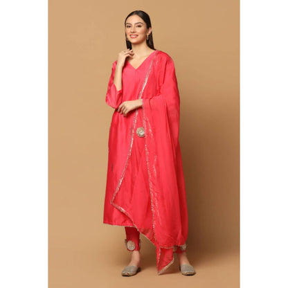 "Two Sisters" by Gyans Pink Silk Solid/Plain V-Neck Kurta With Pant And Dupatta