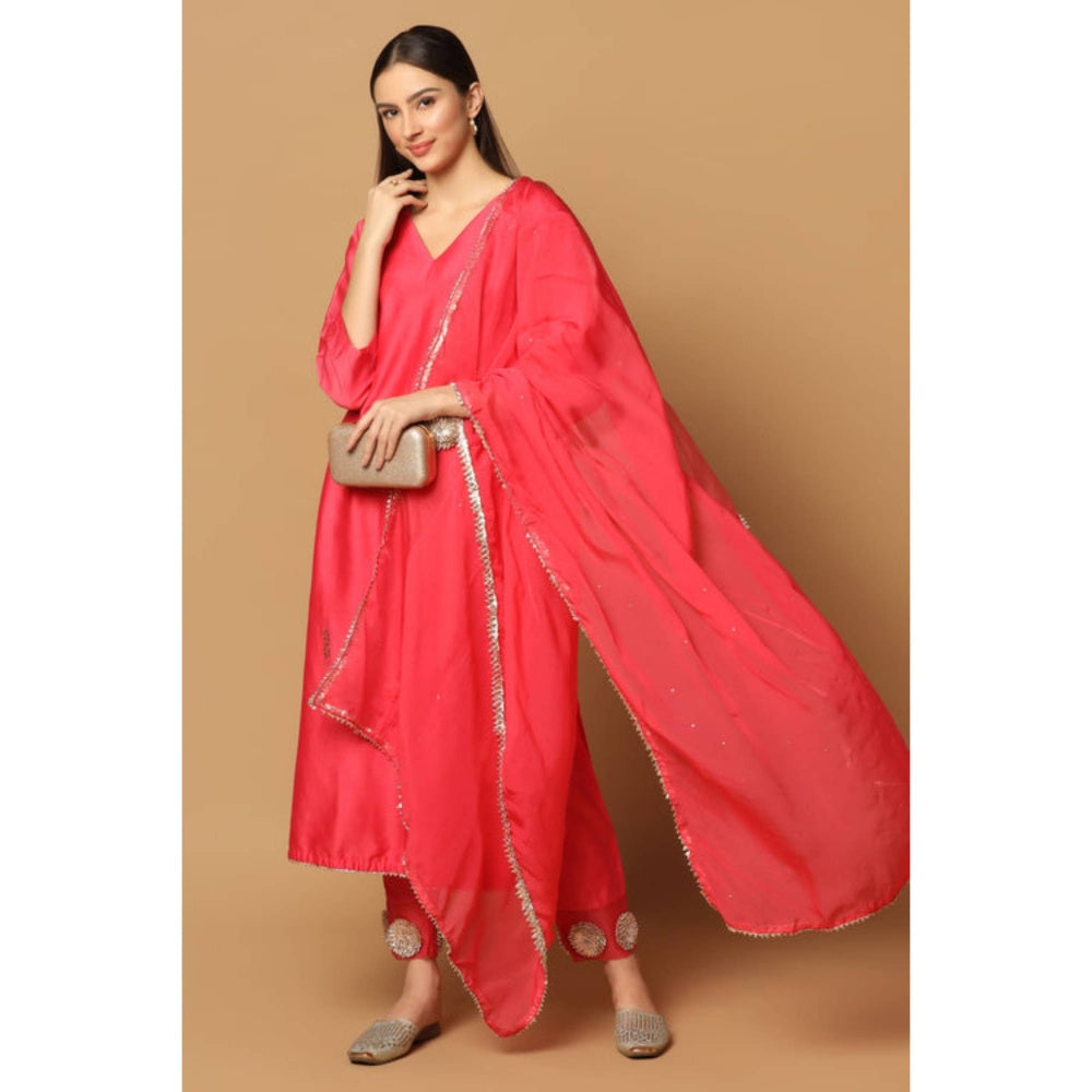 "Two Sisters" by Gyans Pink Silk Solid/Plain V-Neck Kurta With Pant And Dupatta