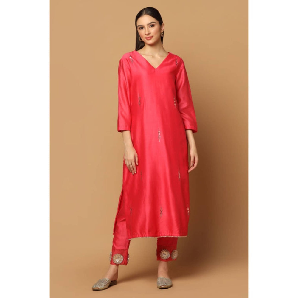 "Two Sisters" by Gyans Pink Silk Solid/Plain V-Neck Kurta With Pant And Dupatta
