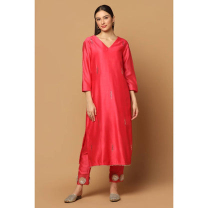 "Two Sisters" by Gyans Pink Silk Solid/Plain V-Neck Kurta With Pant And Dupatta