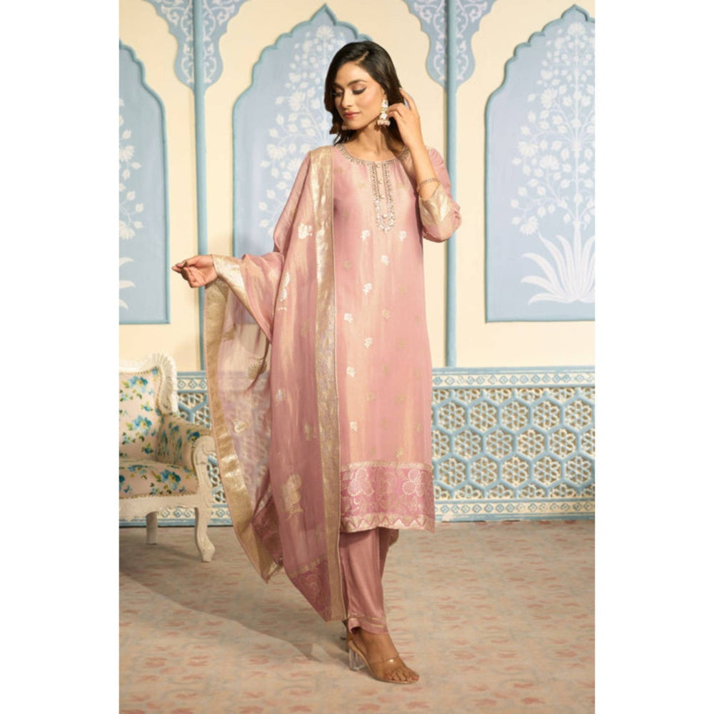 "Two Sisters" by Gyans Embroidered Pink Banarasi Kurta Set With Gold Embroidery