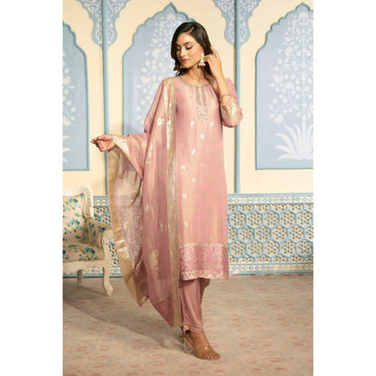 "Two Sisters" by Gyans Embroidered Pink Banarasi Kurta Set With Gold Embroidery