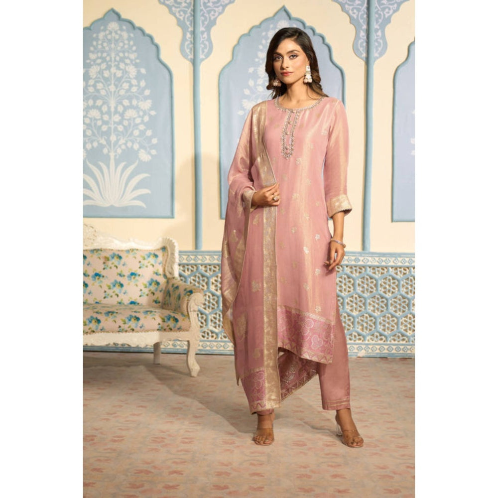 "Two Sisters" by Gyans Embroidered Pink Banarasi Kurta Set With Gold Embroidery