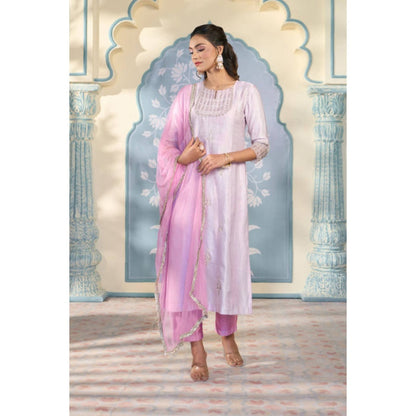 "Two Sisters" by Gyans Lavender Satin Embroidered Round Neck Kurta With Pant And Dupatta