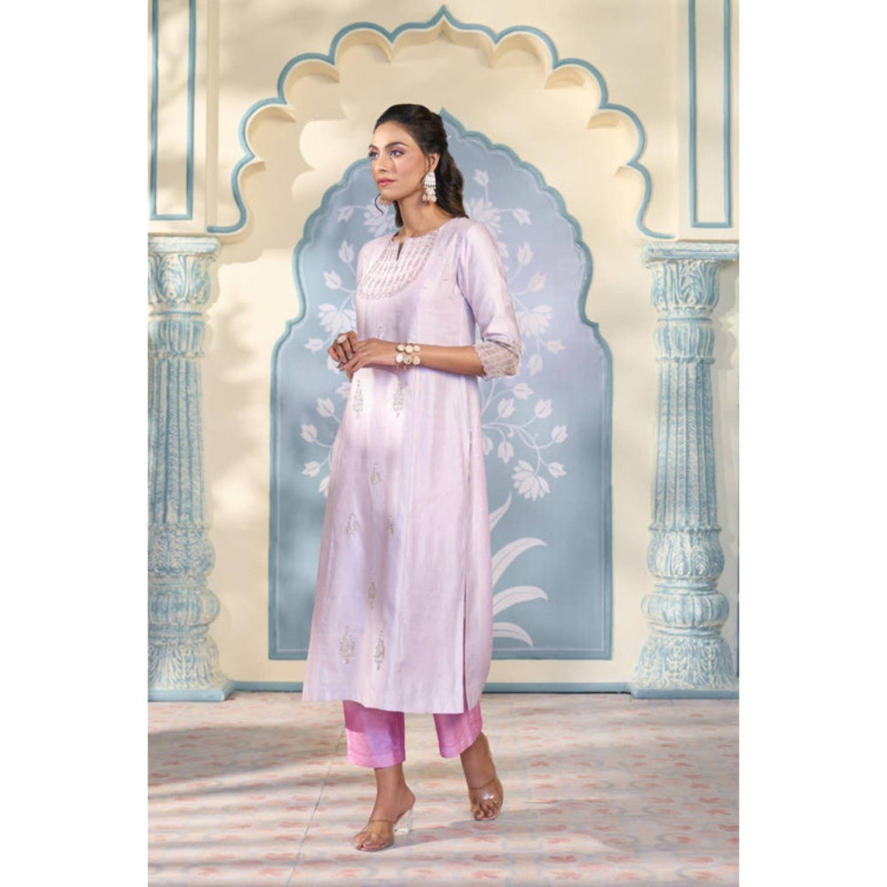 "Two Sisters" by Gyans Lavender Satin Embroidered Round Neck Kurta With Pant And Dupatta