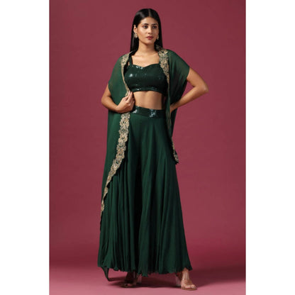 "Two Sisters" by Gyans Green Georgette Embroidered Shoulder Straps Top With Sharara And Cape