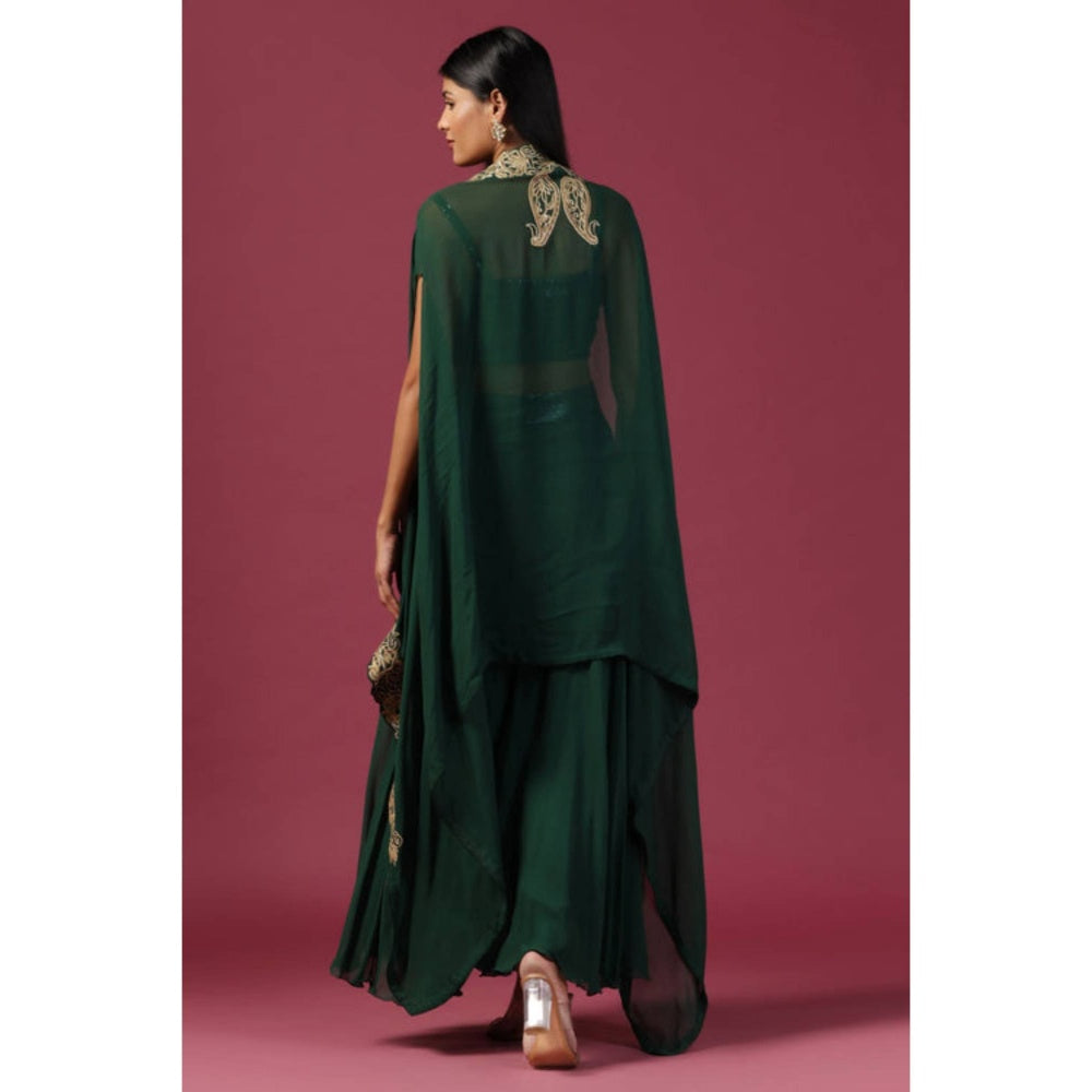 "Two Sisters" by Gyans Green Georgette Embroidered Shoulder Straps Top With Sharara And Cape