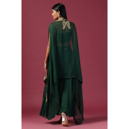 "Two Sisters" by Gyans Green Georgette Embroidered Shoulder Straps Top With Sharara And Cape