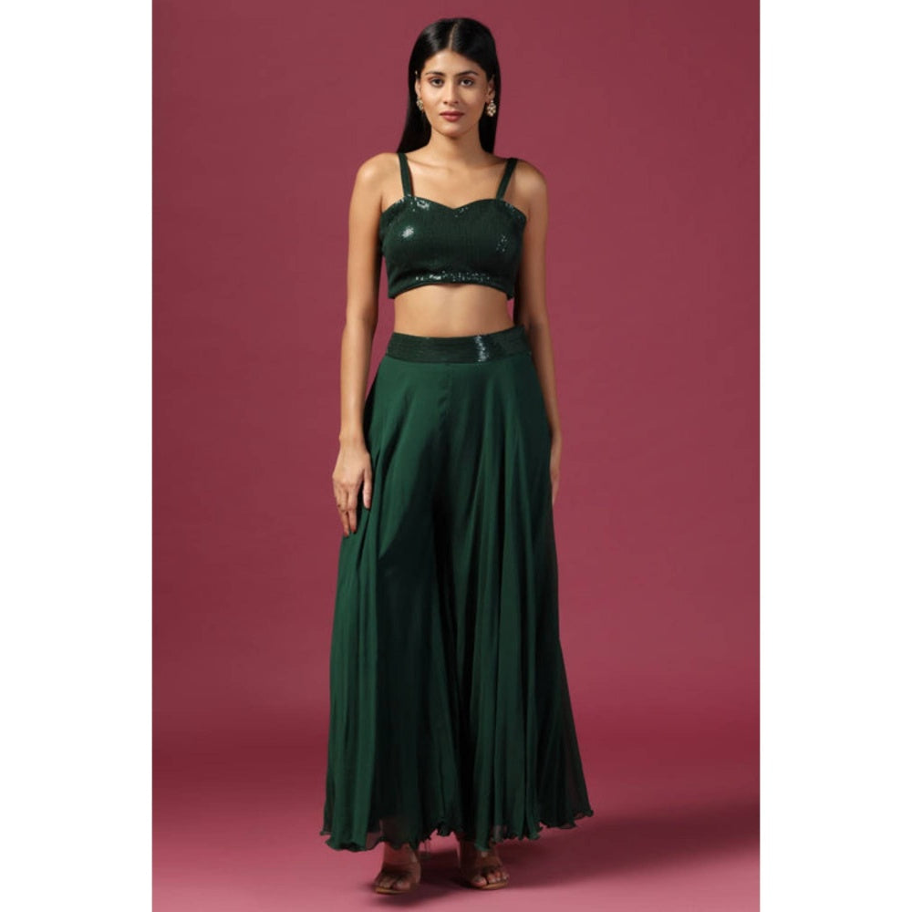 "Two Sisters" by Gyans Green Georgette Embroidered Shoulder Straps Top With Sharara And Cape