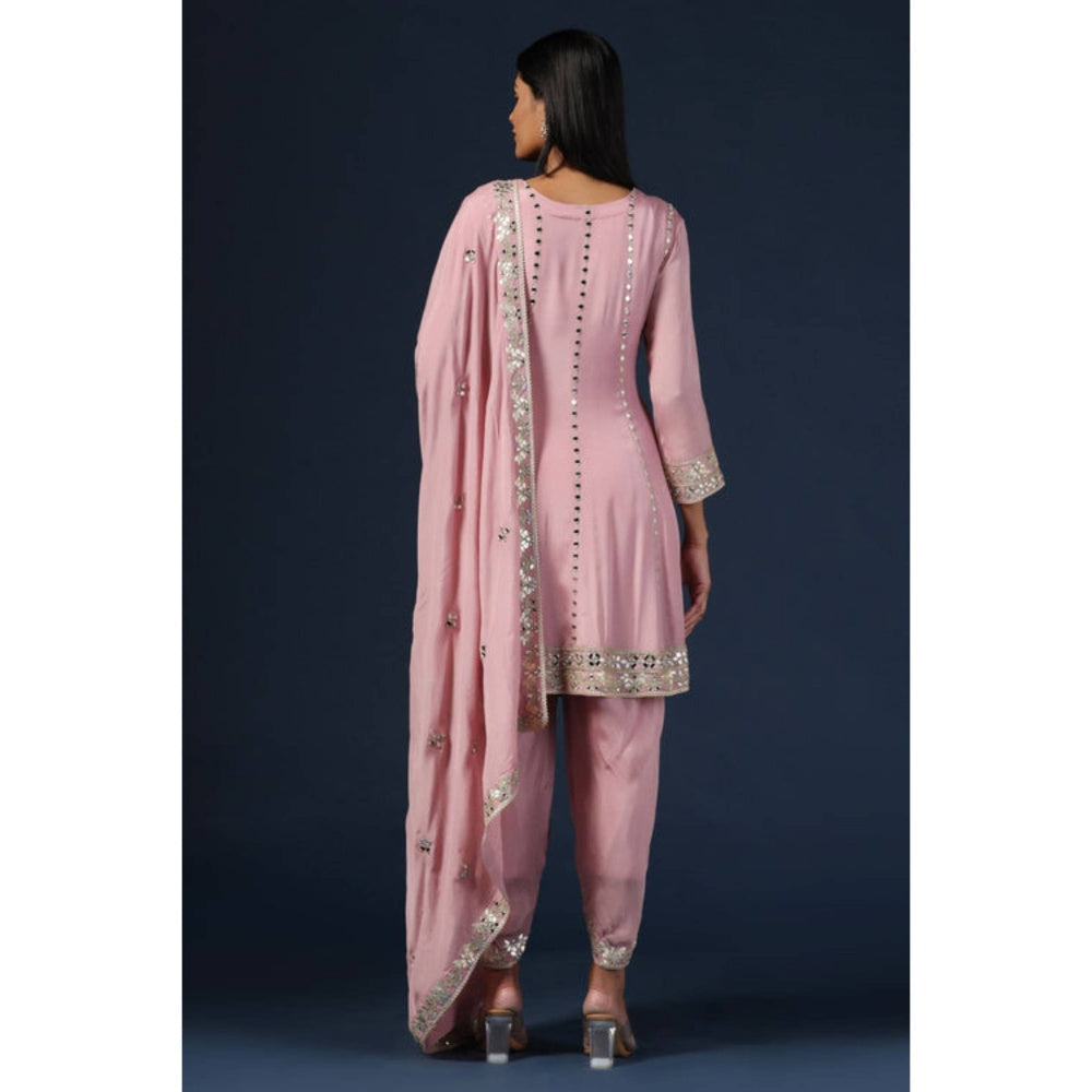 "Two Sisters" by Gyans Purple Georgette Embroidered V-Neck Kurta With Dhoti Pant And Dupatta