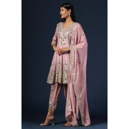 "Two Sisters" by Gyans Purple Georgette Embroidered V-Neck Kurta With Dhoti Pant And Dupatta