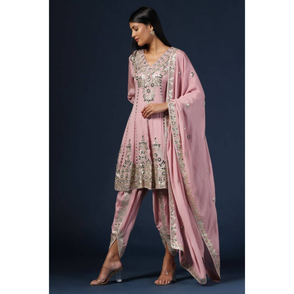 "Two Sisters" by Gyans Purple Georgette Embroidered V-Neck Kurta With Dhoti Pant And Dupatta