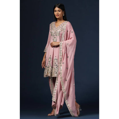 "Two Sisters" by Gyans Purple Georgette Embroidered V-Neck Kurta With Dhoti Pant And Dupatta