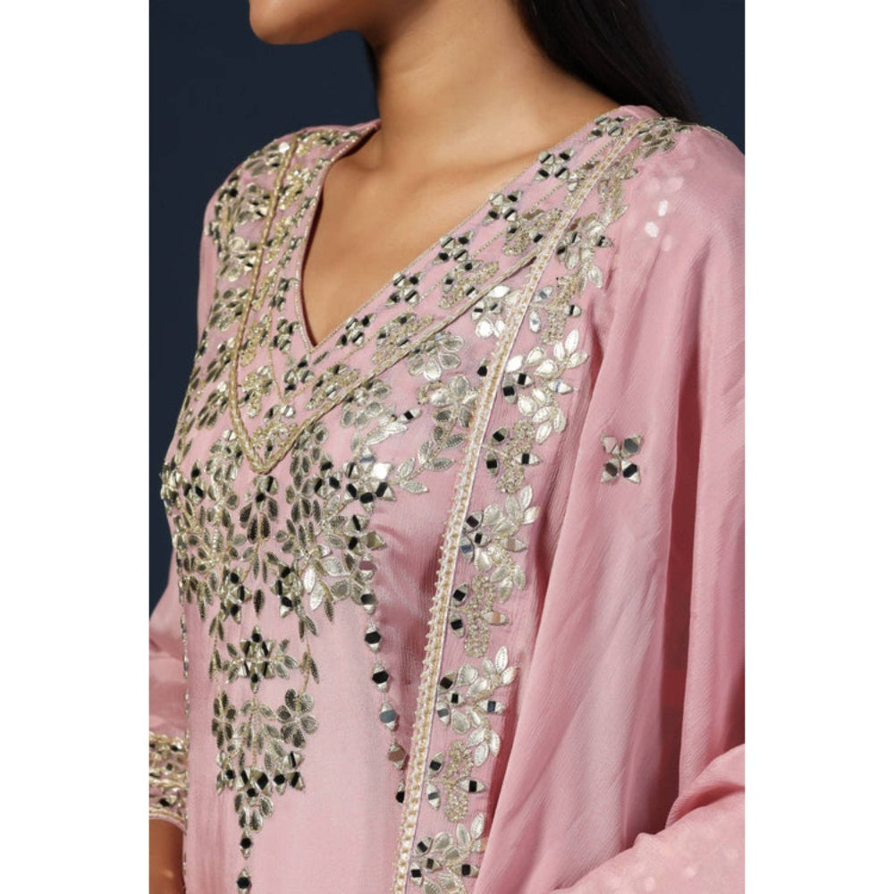 "Two Sisters" by Gyans Purple Georgette Embroidered V-Neck Kurta With Dhoti Pant And Dupatta