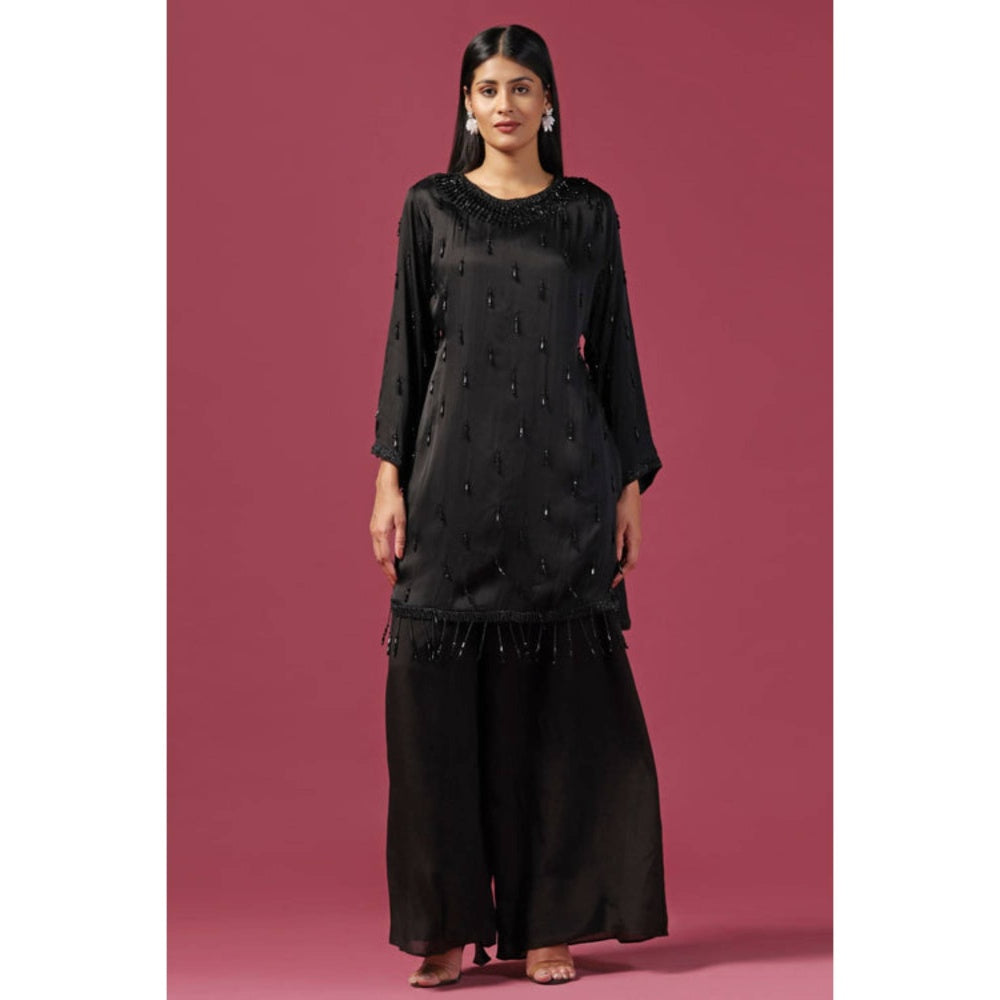 "Two Sisters" by Gyans Women Black Silk Embroidered Kurta with Palazzo