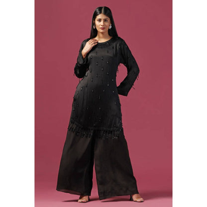 "Two Sisters" by Gyans Women Black Silk Embroidered Kurta with Palazzo