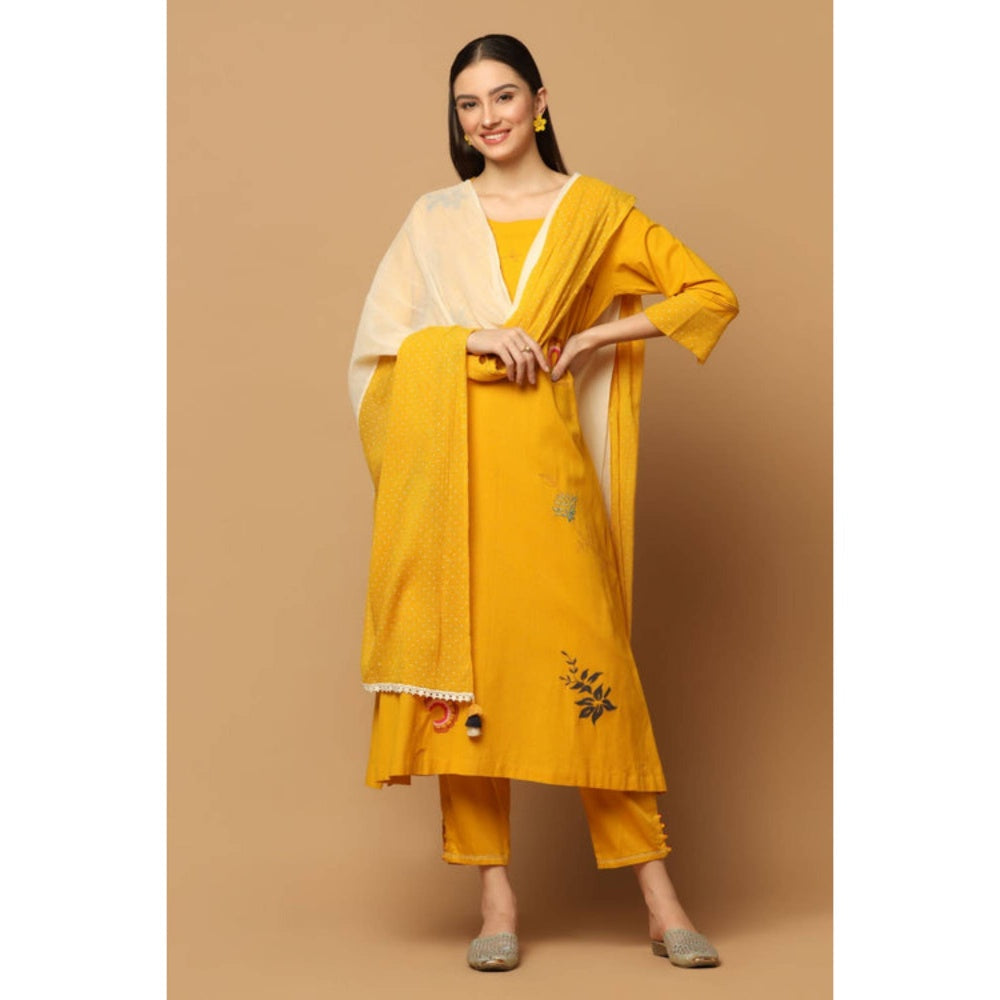 "Two Sisters" by Gyans Mustard Cotton Floral Round Neck Kurta With Pant And Dupatta