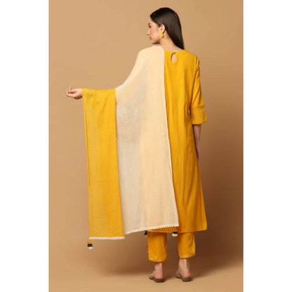 "Two Sisters" by Gyans Mustard Cotton Floral Round Neck Kurta With Pant And Dupatta
