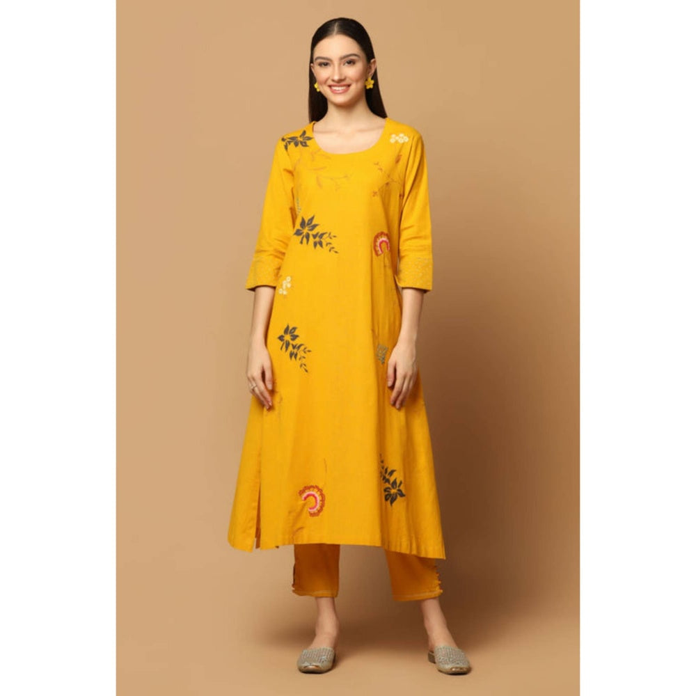 "Two Sisters" by Gyans Mustard Cotton Floral Round Neck Kurta With Pant And Dupatta