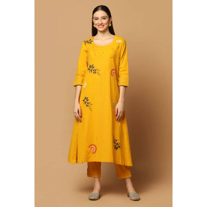"Two Sisters" by Gyans Mustard Cotton Floral Round Neck Kurta With Pant And Dupatta