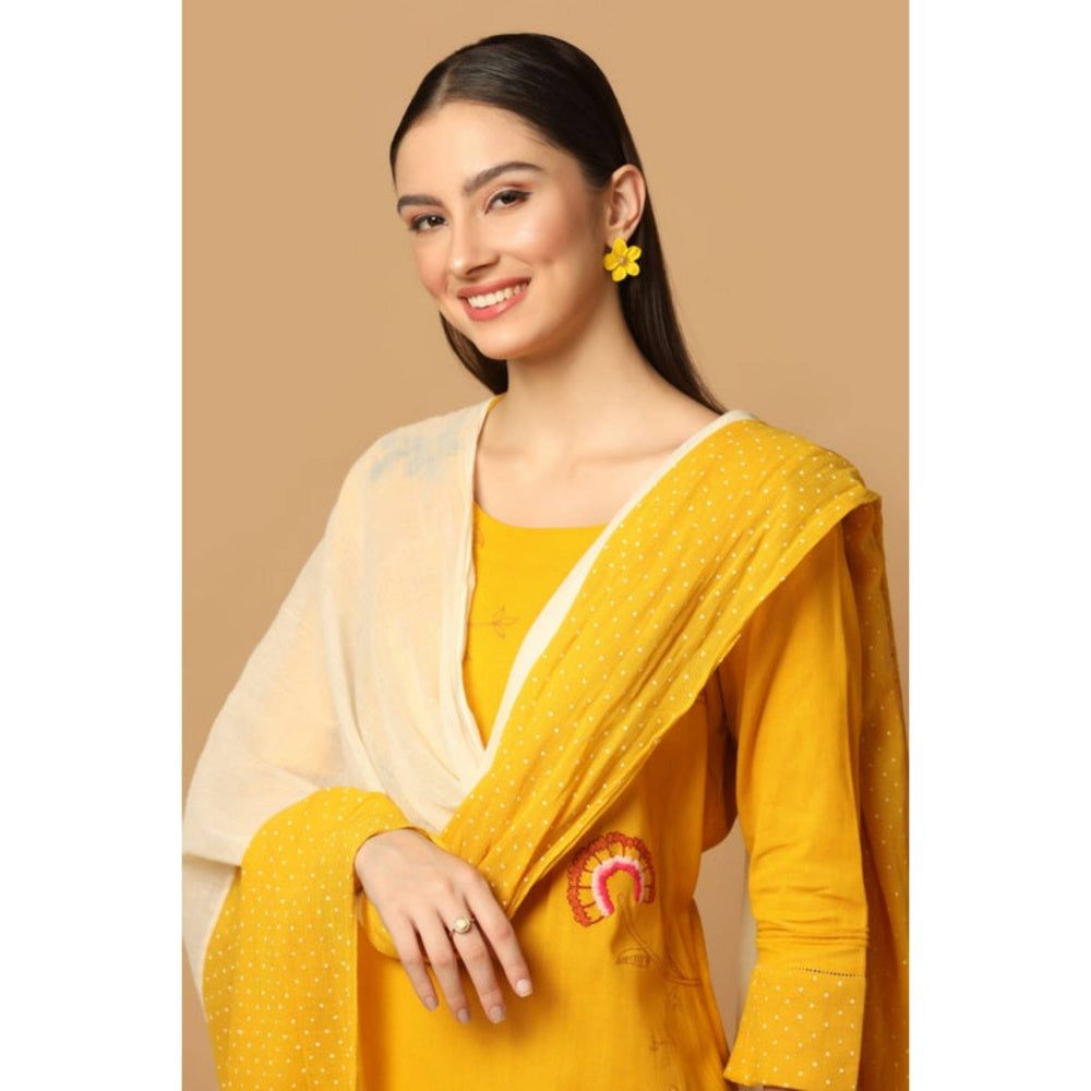 "Two Sisters" by Gyans Mustard Cotton Floral Round Neck Kurta With Pant And Dupatta