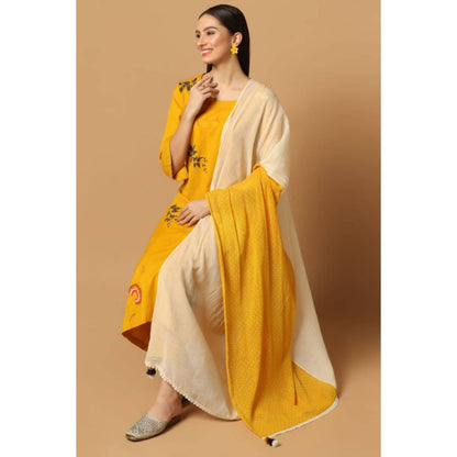 "Two Sisters" by Gyans Mustard Cotton Floral Round Neck Kurta With Pant And Dupatta