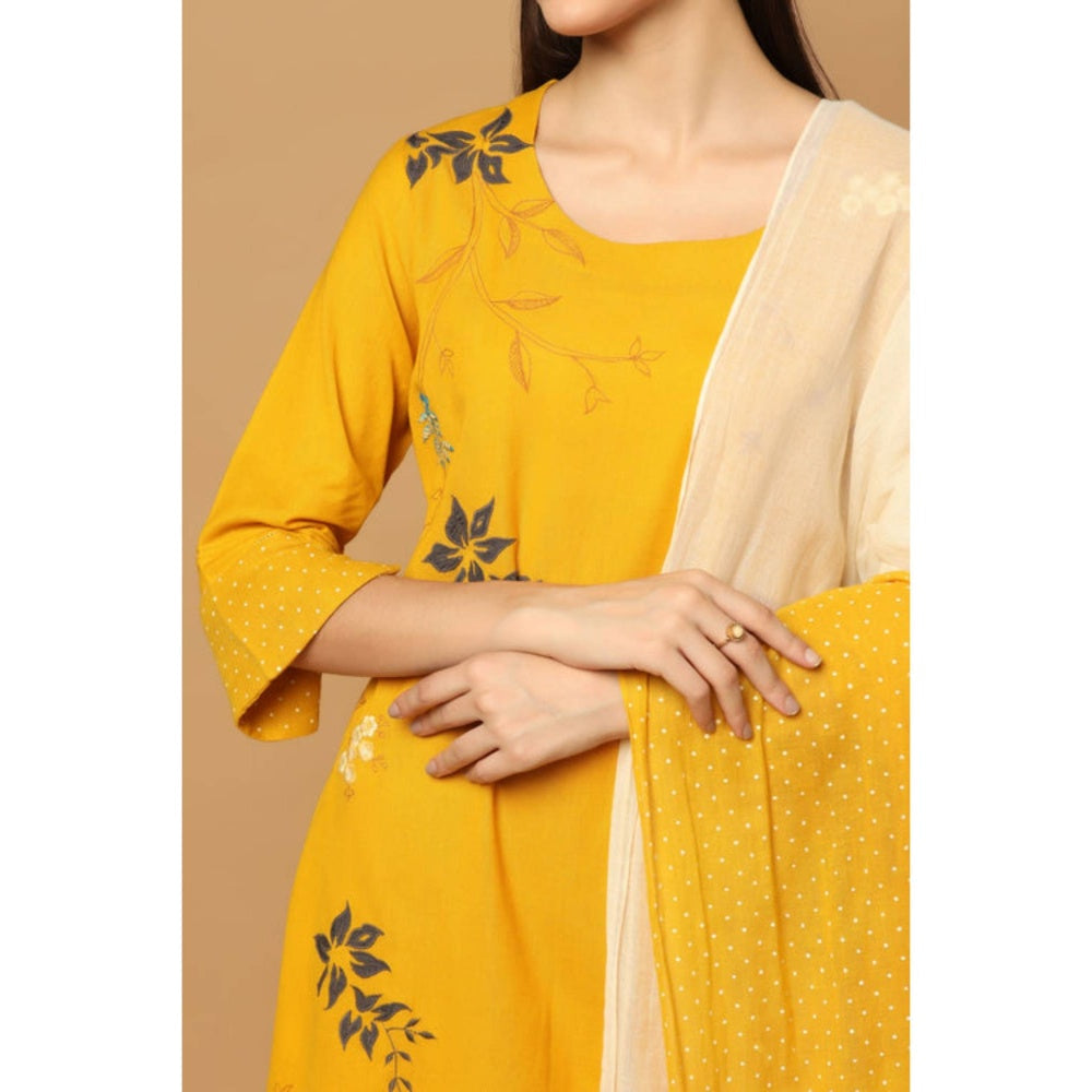 "Two Sisters" by Gyans Mustard Cotton Floral Round Neck Kurta With Pant And Dupatta