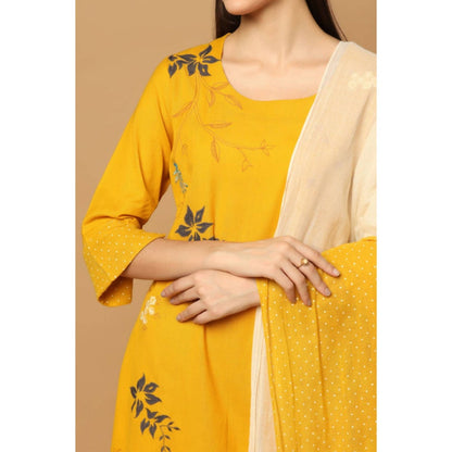 "Two Sisters" by Gyans Mustard Cotton Floral Round Neck Kurta With Pant And Dupatta