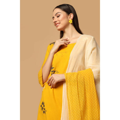 "Two Sisters" by Gyans Mustard Cotton Floral Round Neck Kurta With Pant And Dupatta