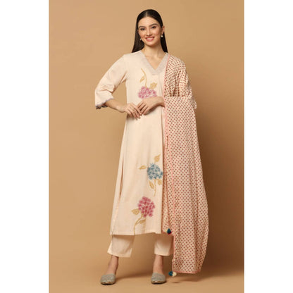 "Two Sisters" by Gyans Peach Cotton Floral V-Neck Kurta With Pant And Dupatta